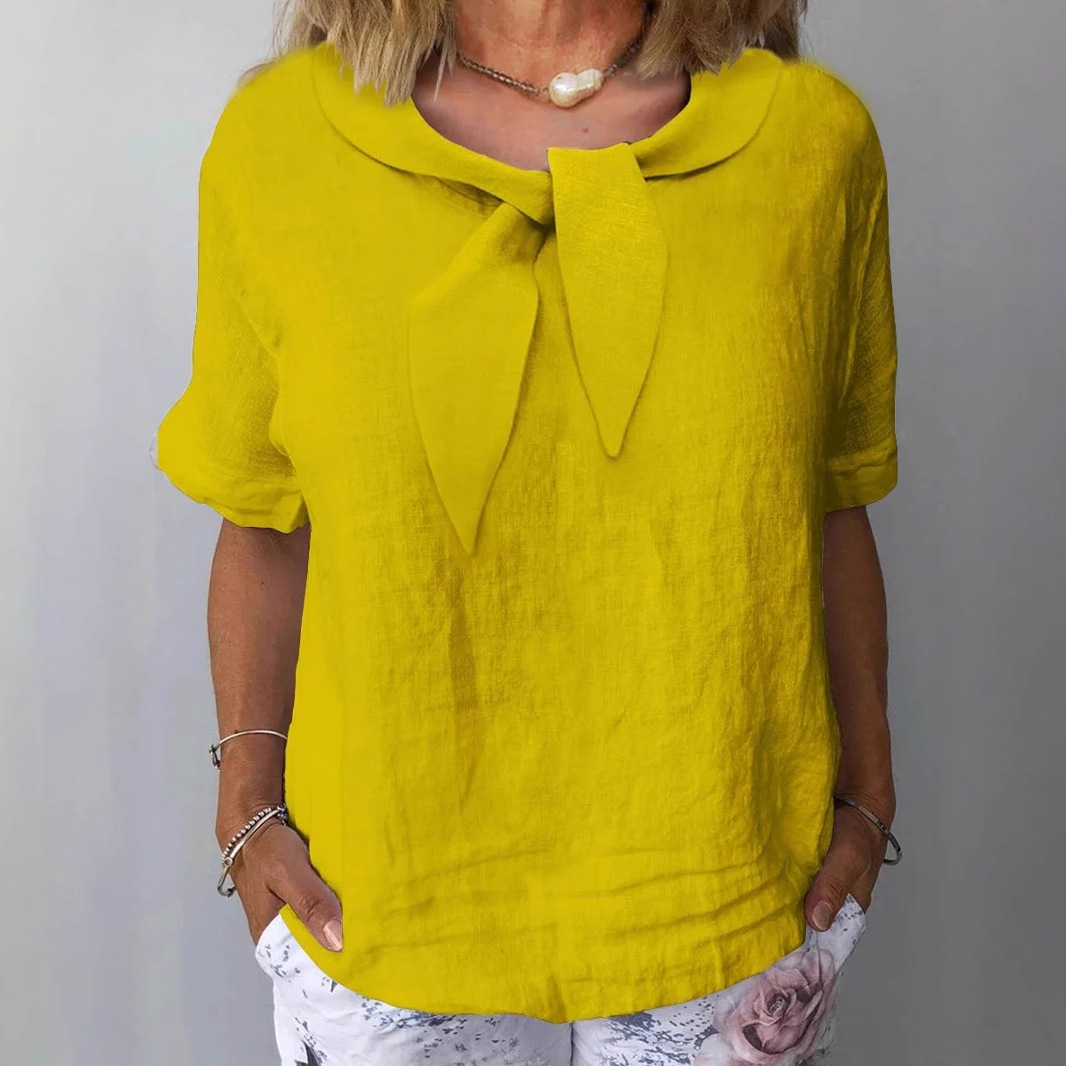 Women's Cotton-Linen Blend Short Sleeve V-Neck Solid Top