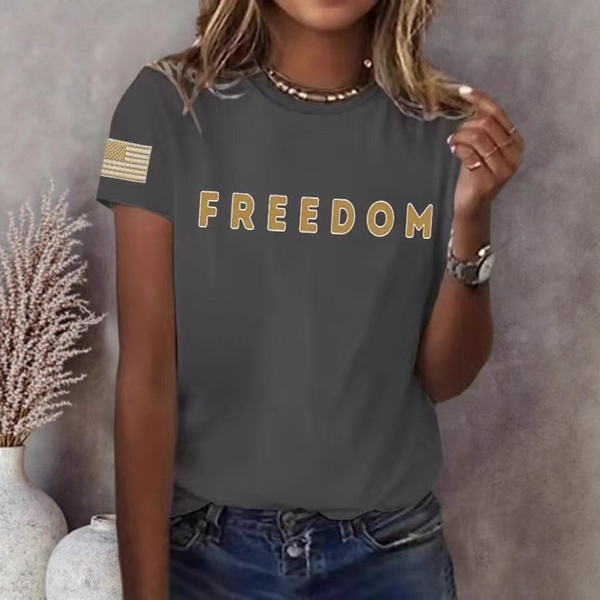 Freedom American Flag Print Crewneck Short Sleeve Women's Top
