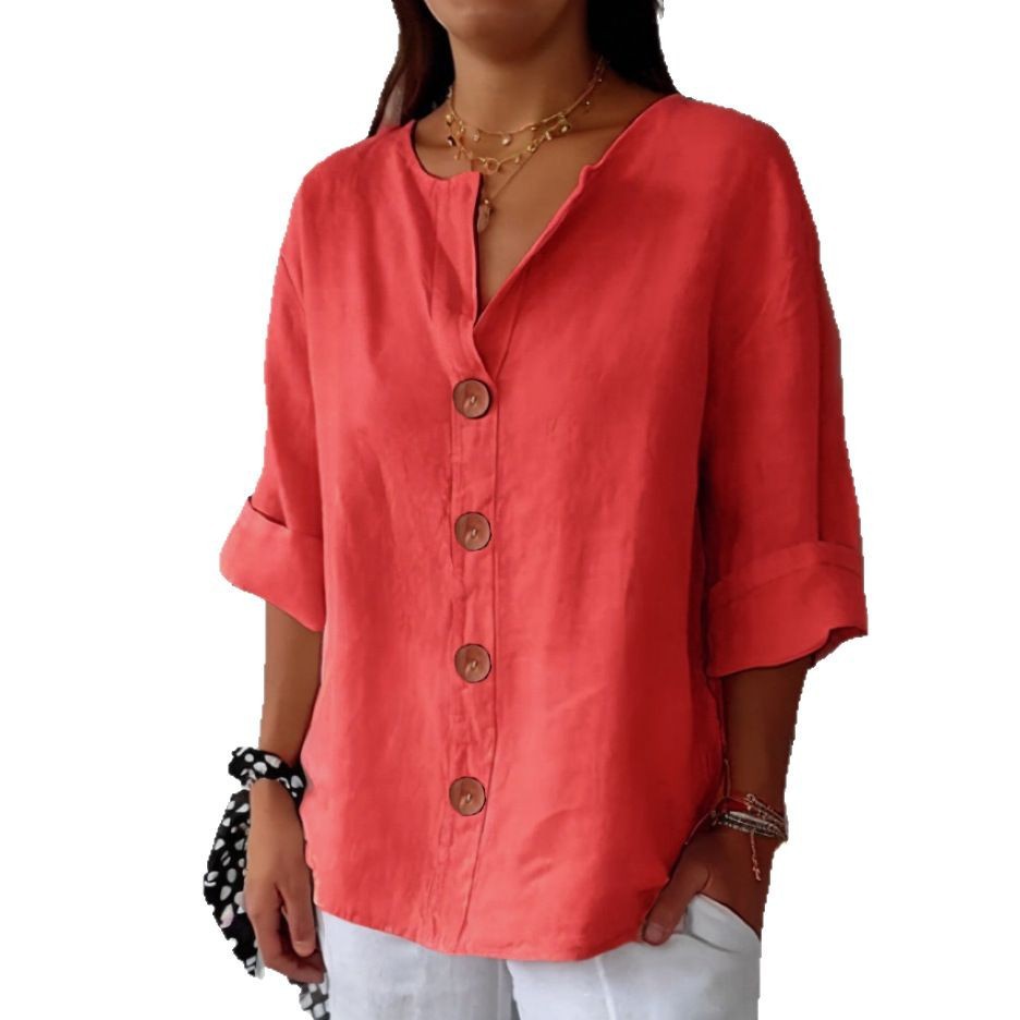 Women's V-Neck Cotton-Linen Button Top Loose Fit T-Shirt