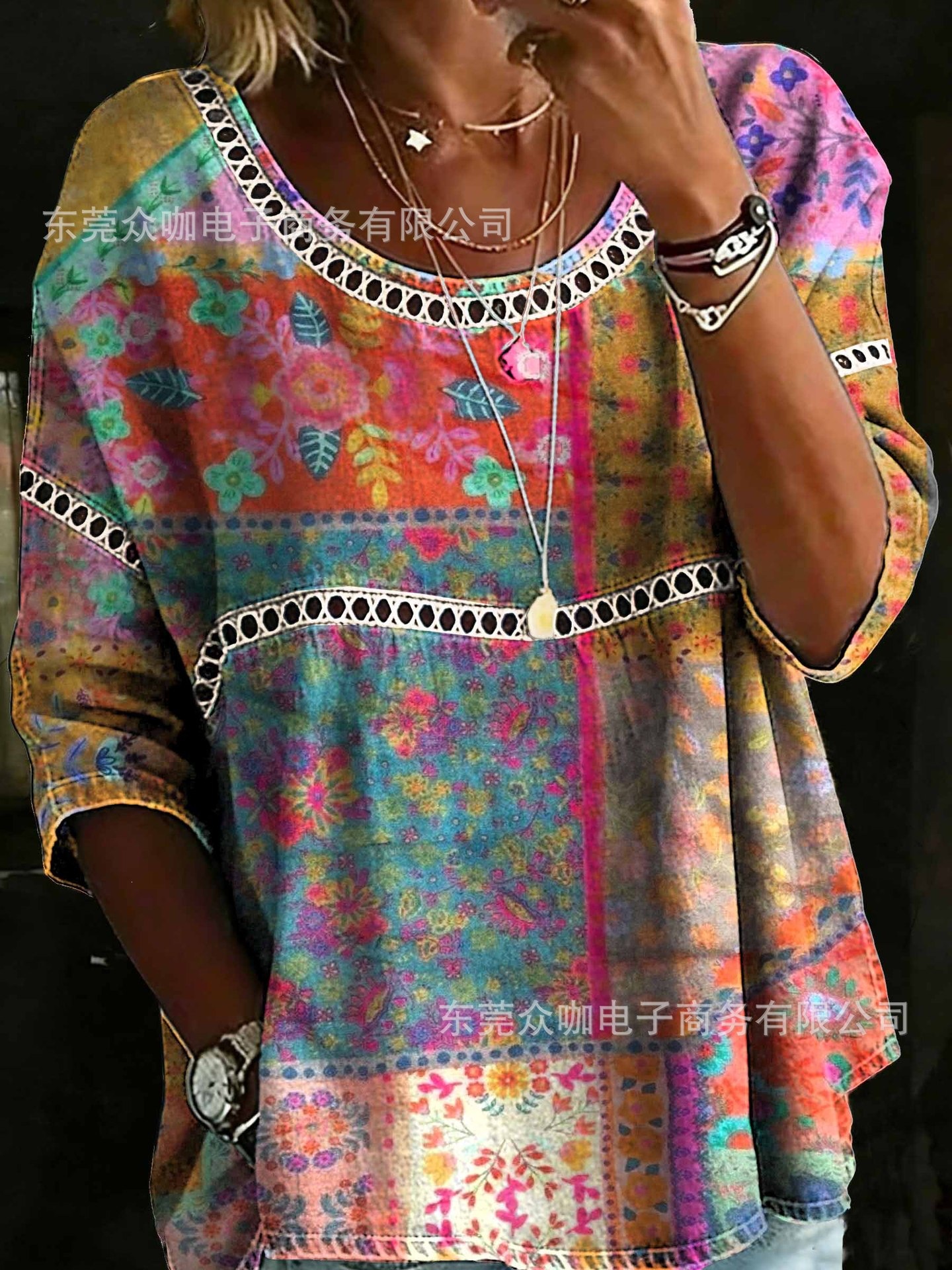 3D Floral Print Crewneck Half-Sleeve Ruched Top