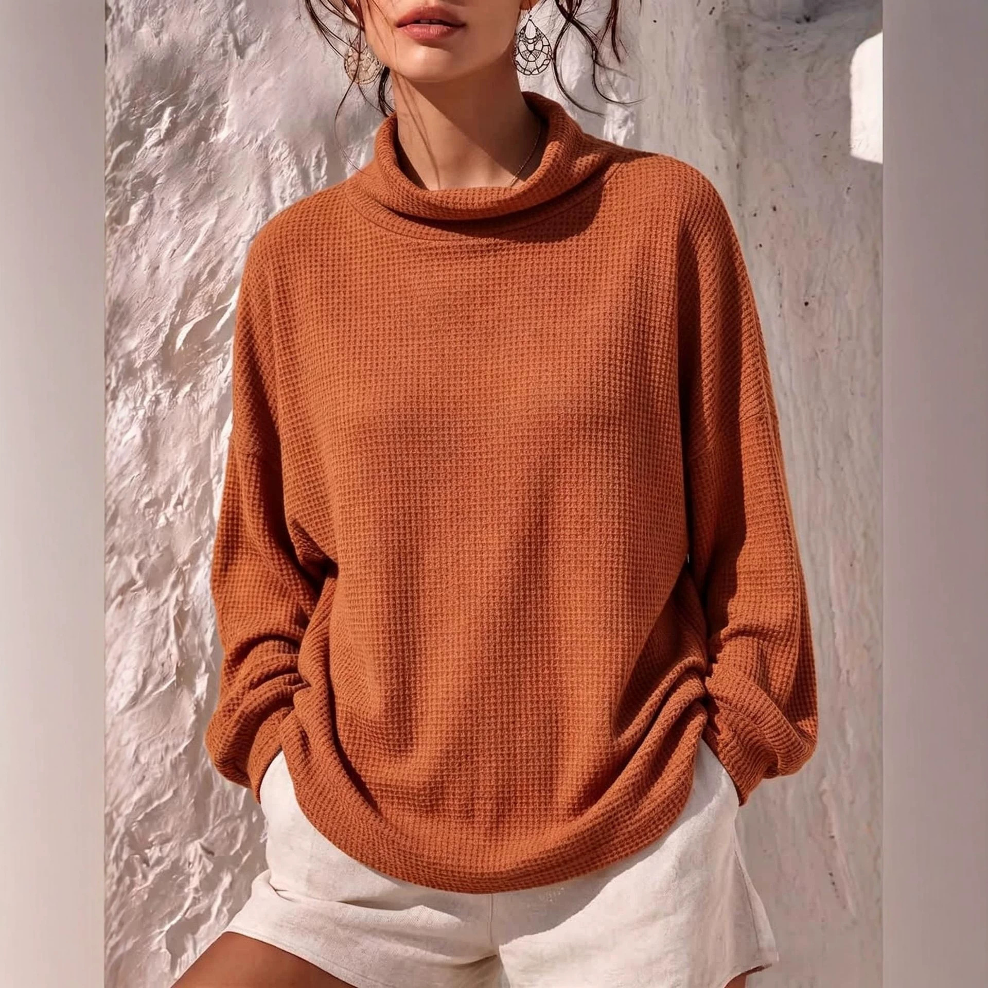 Waffle Knit Loose Long Sleeve Stand Collar Casual Top