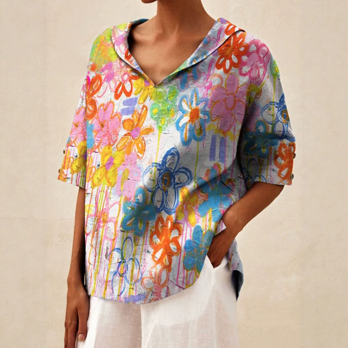Women's Cotton-Linen Sailor Collar Loose Short-Sleeve Top
