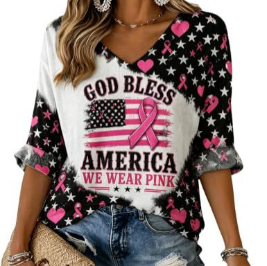Ribbon Star Print V-Neck Half-Sleeve Women's T-Shirt