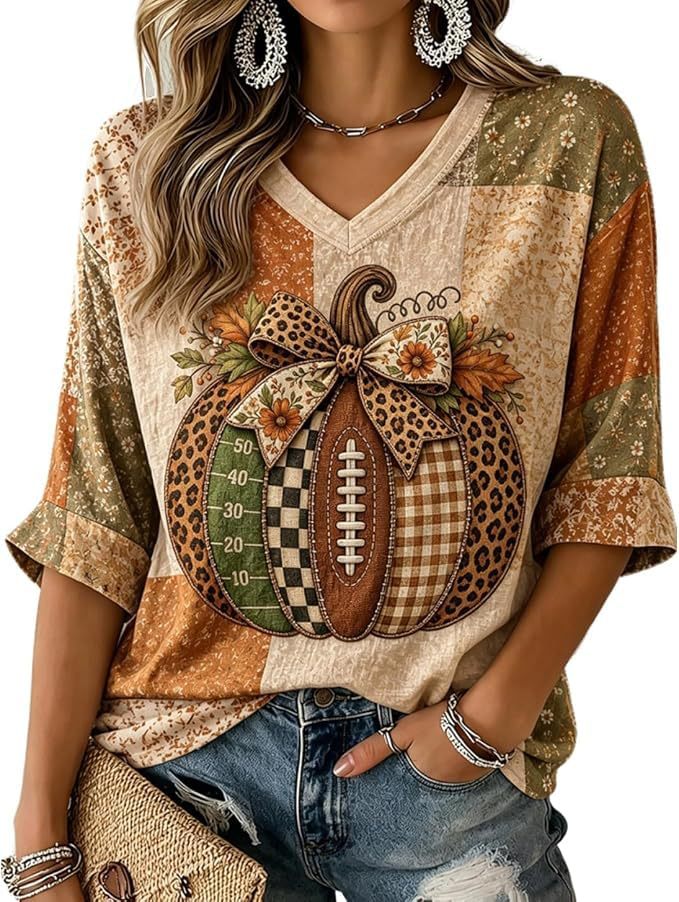Halloween Pumpkin Bow Print V-Neck Half-Sleeve Women's T-Shirt