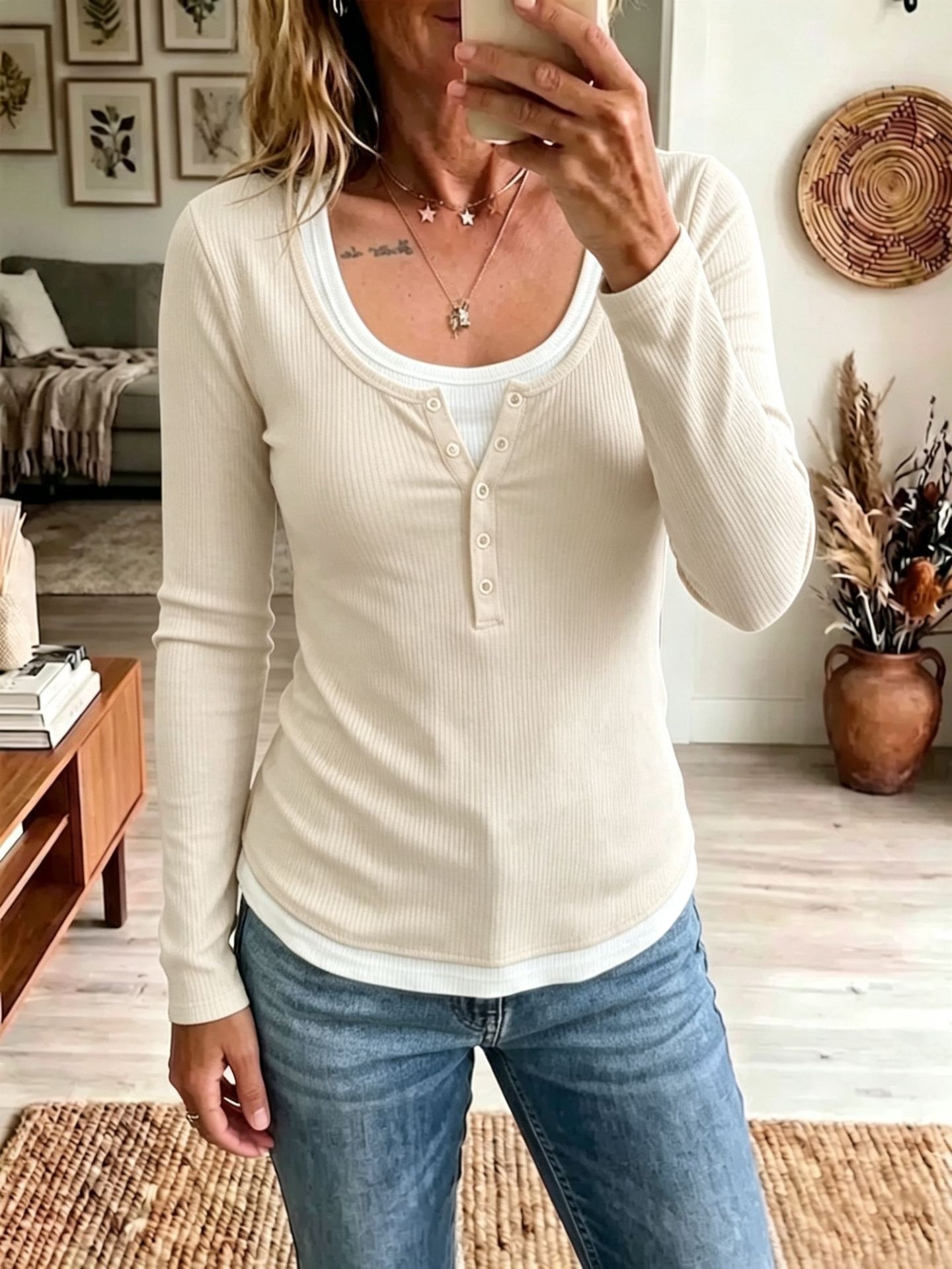 Women's Color-Block Faux-Layer Slim Long-Sleeve T-Shirt