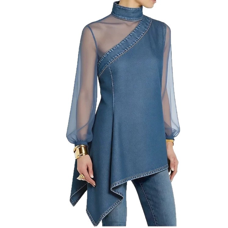 Mesh Spliced Denim Waist-Cinched Button-Up Shirt Top