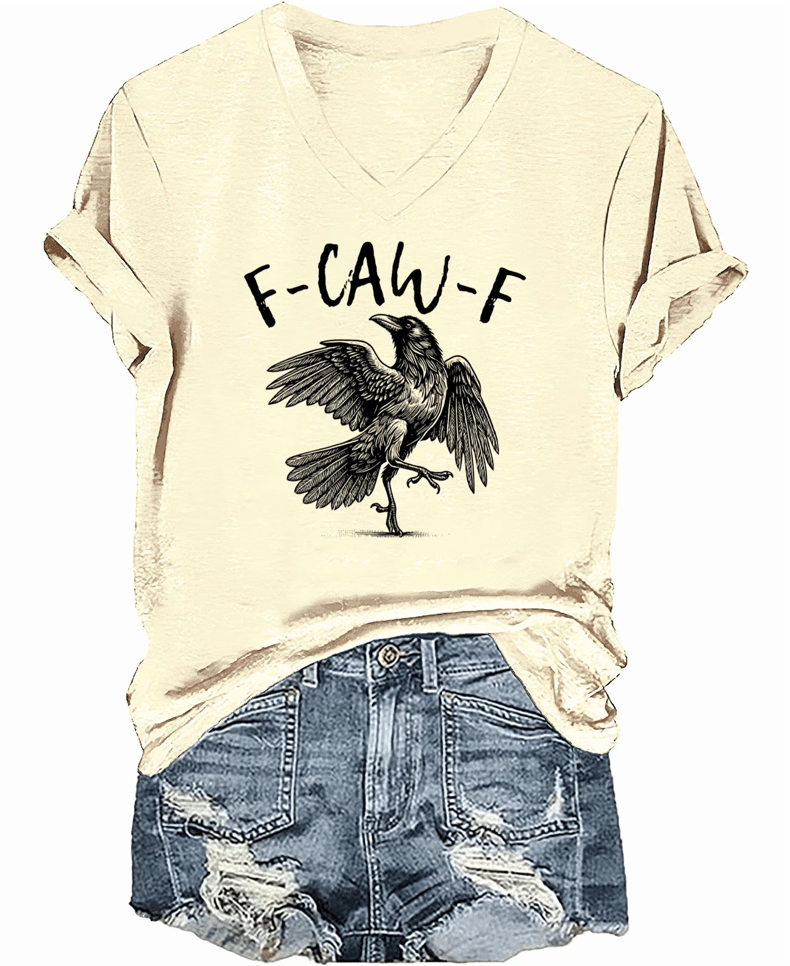 Flying Raven Graphic V-Neck Short Sleeve T-Shirt for Women