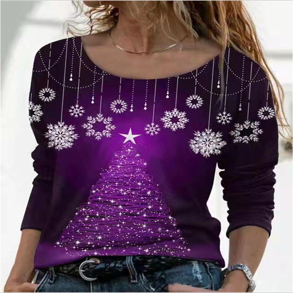 Christmas Floral Print Loose Crewneck Pullover Top T-Shirt