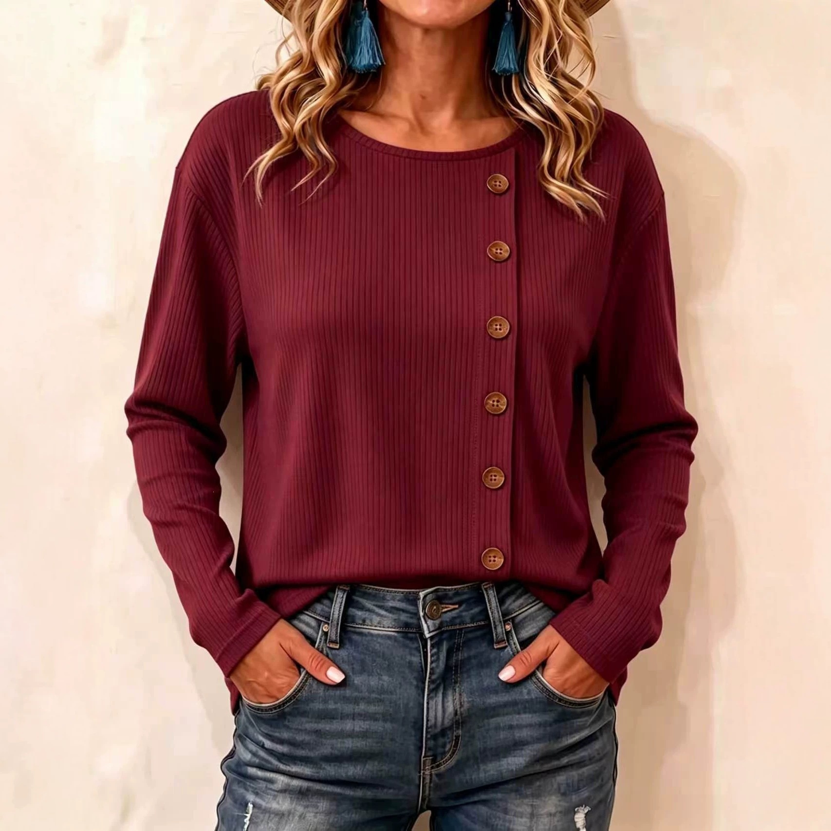 Corduroy Long-Sleeve Button-Front Solid Color Loose Fit T-Shirt
