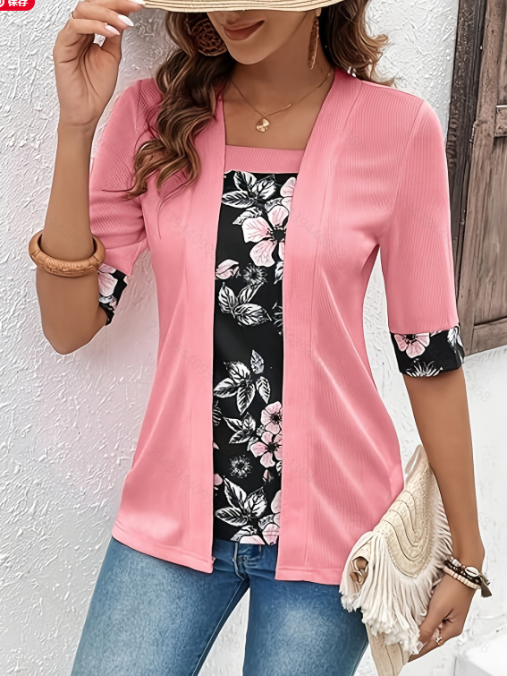 Faux Two-Piece Colorblock Short Sleeve T-Shirt Loose Fit Square Neck