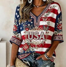 American Flag Fireworks Print V-Neck Short Sleeve T-Shirt for Women