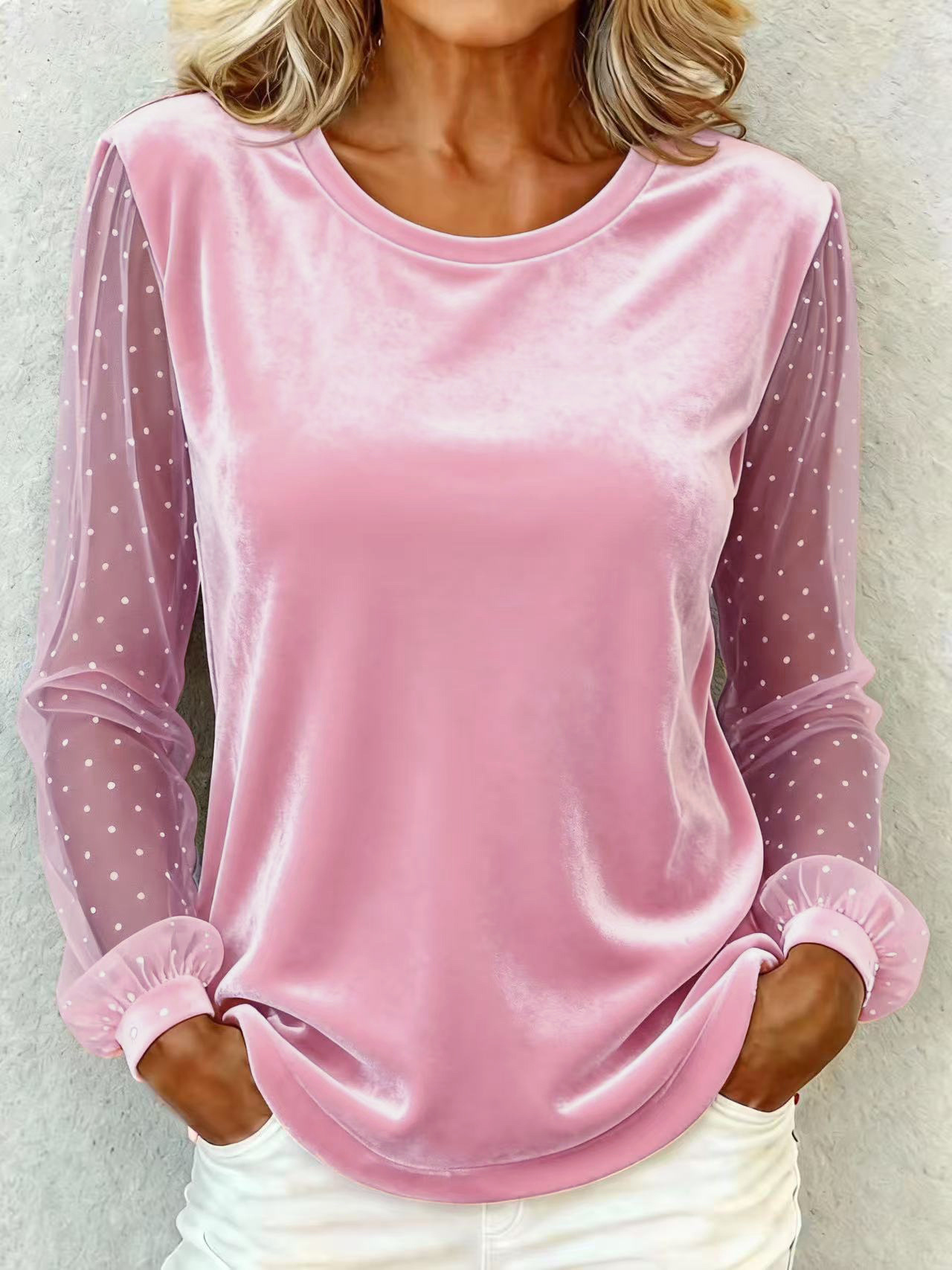 Elegant Lace-Trim Velvet Long-Sleeve Crewneck Top