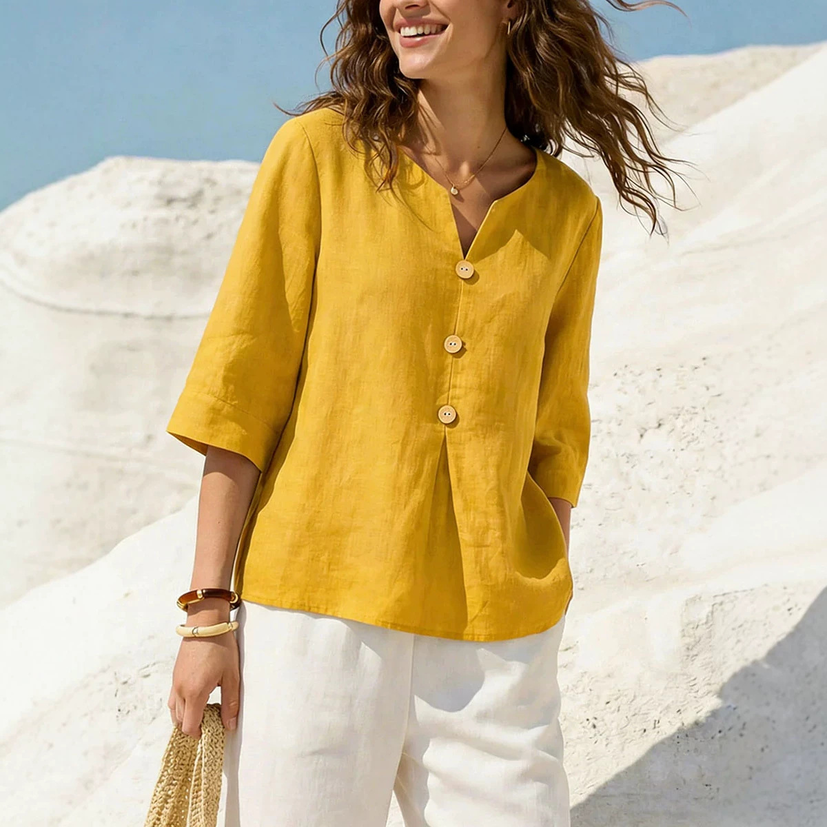 Women's Solid Color Cotton-Linen V-Neck Button T-Shirt Casual Loose Fit