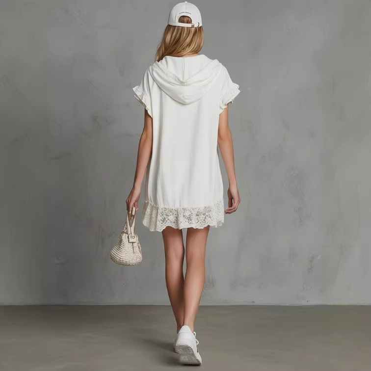 Casual Vintage Embroidered Lace White Hooded Short Sleeve Mini Dress