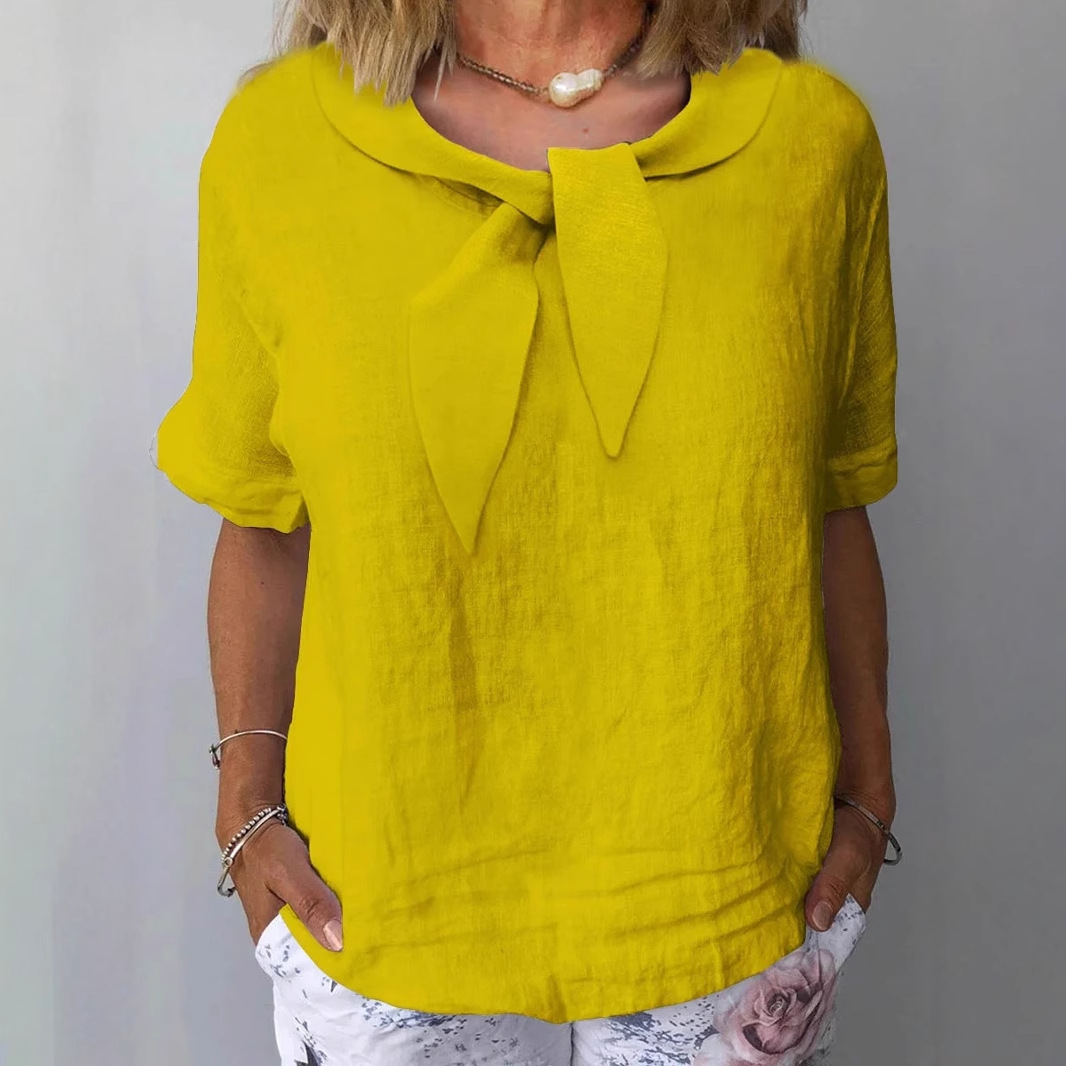 Women's Cotton-Linen Blend Short Sleeve V-Neck Solid Top