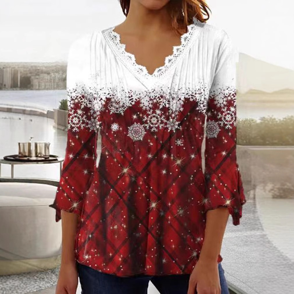 Snowflake Plaid V-Neck Long-Sleeve Top