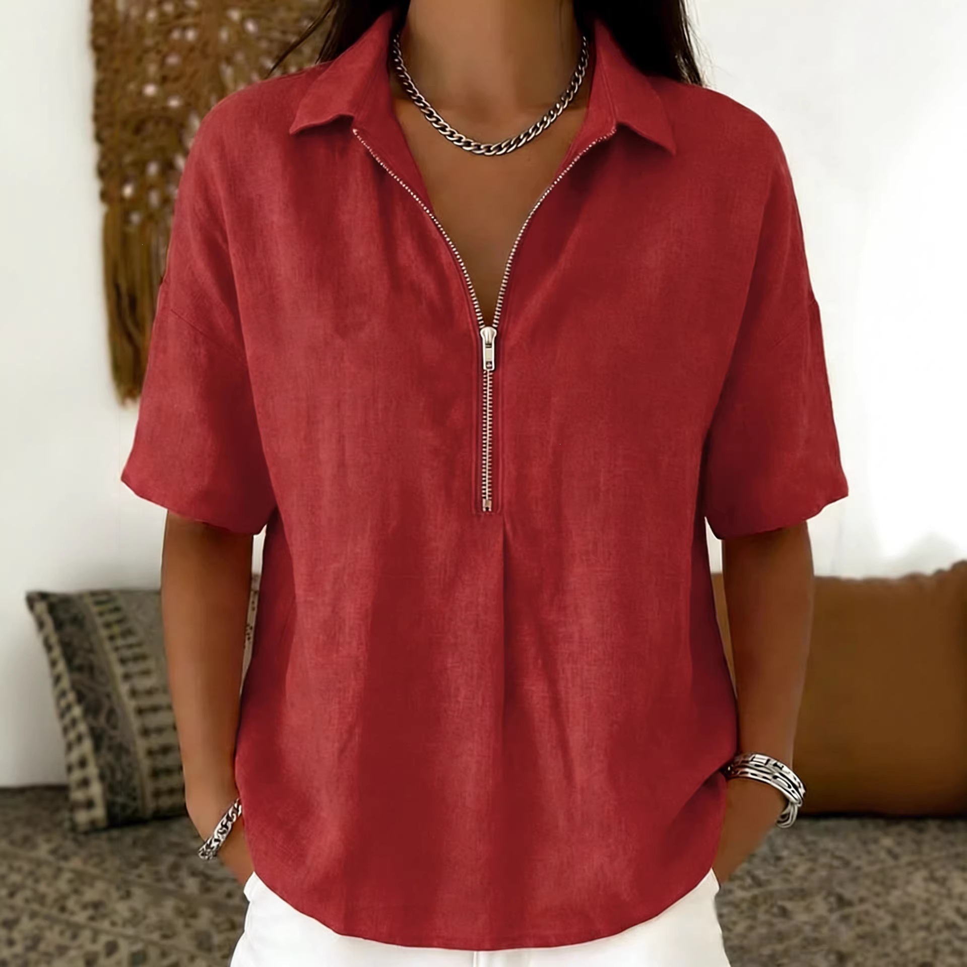 Women's Solid Color Zip Short Sleeve Shirt