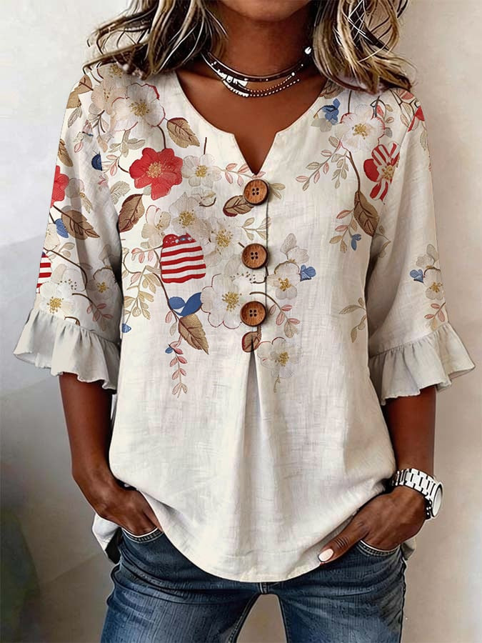 Women's Summer Floral Print Short Sleeve Button-Up Top