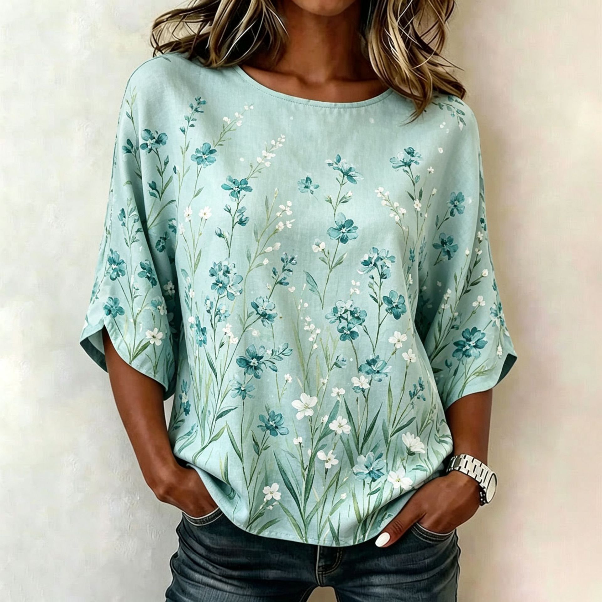 Floral Plaid Print Mid-Sleeve Women's Top