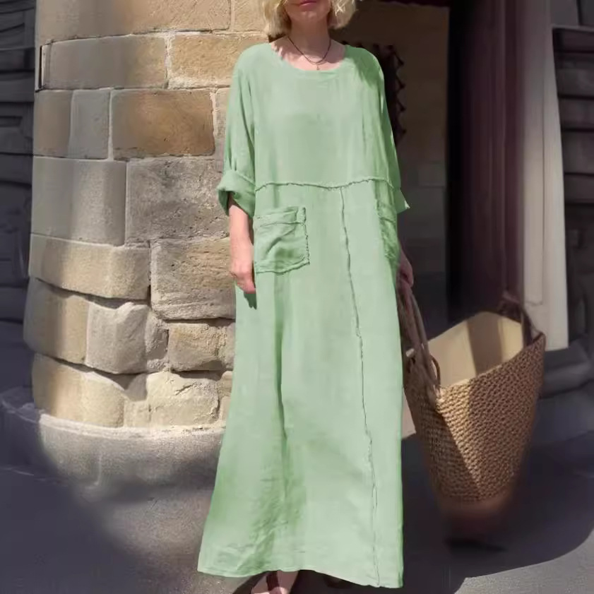 Women's Cotton-Linen Long Sleeve Round Neck Pleated Dress with Pockets
