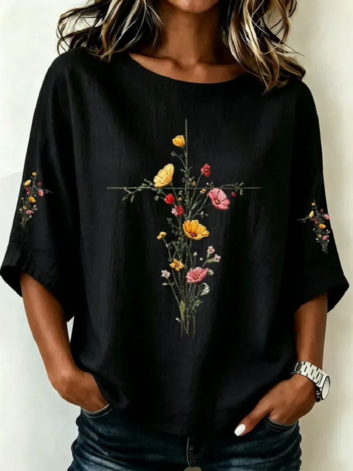 Women's Casual Crewneck 3D Floral Print Mid-Sleeve Top