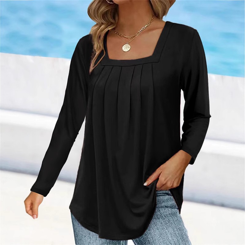 Women's Ruched Square Neck Long Sleeve Cotton-Blend T-Shirt