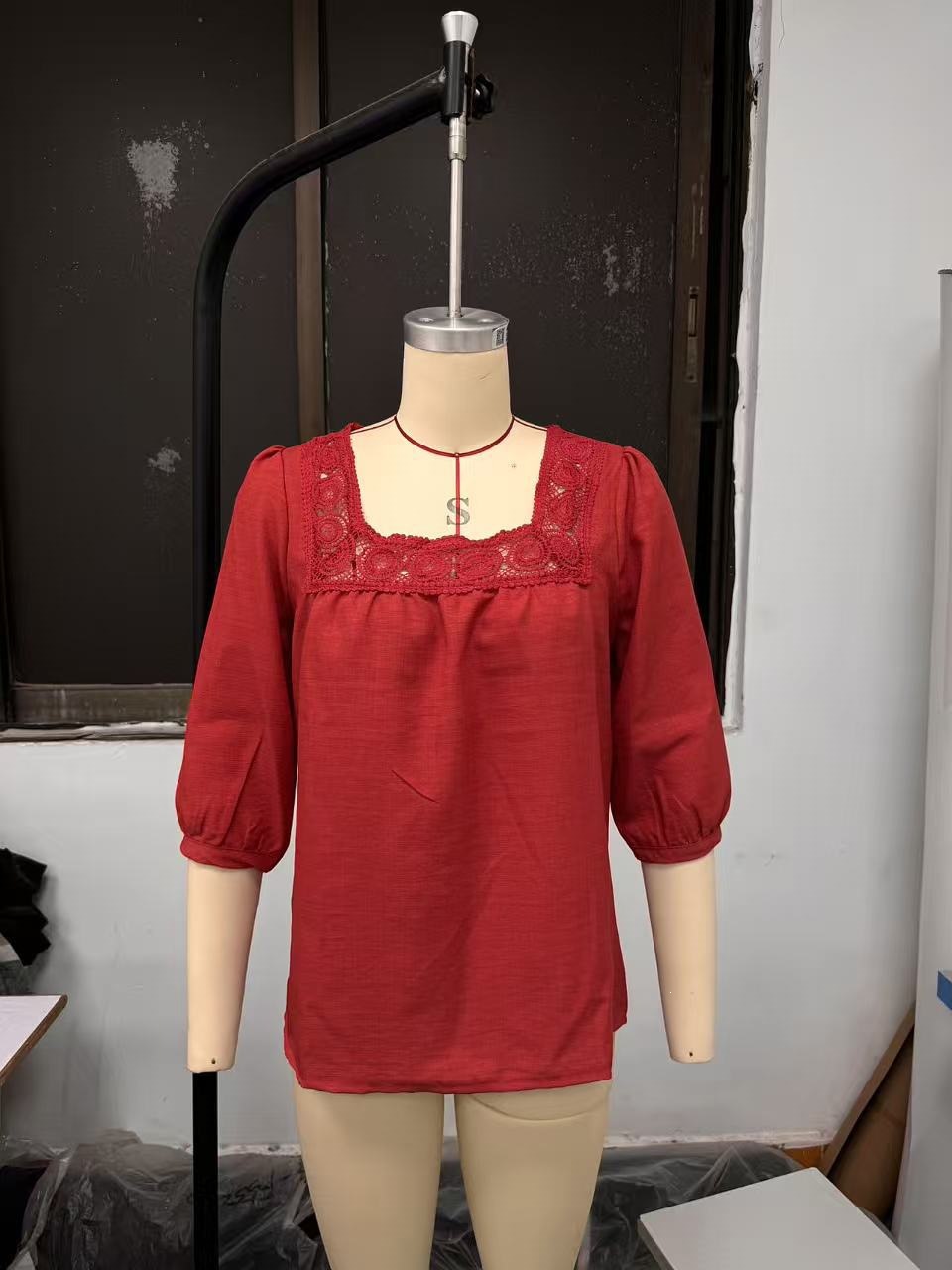 Women's Summer Square Neck Lace Trim 3/4 Sleeve Cotton Linen Top