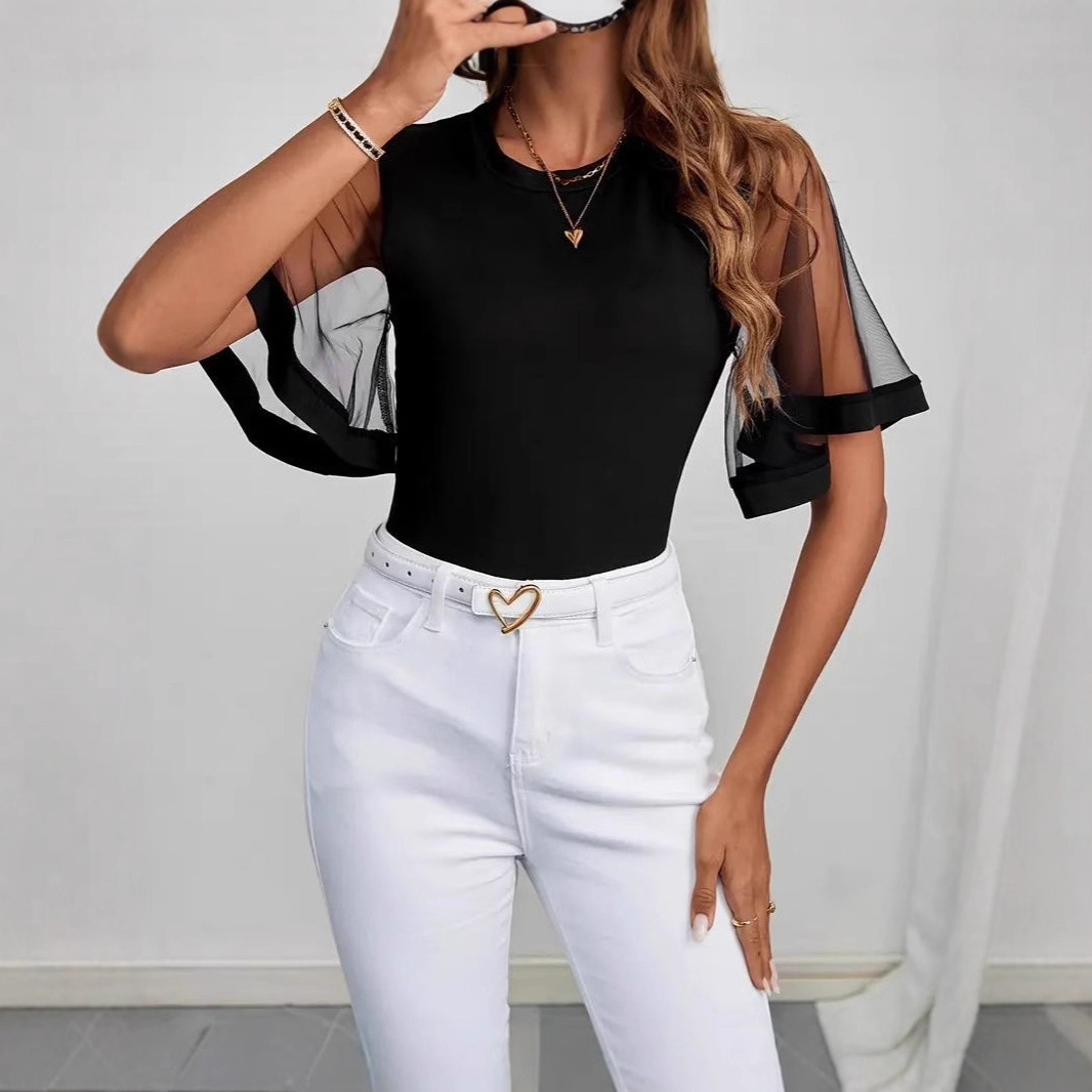 Women's Sheer Mesh Bell Sleeve Top Casual Stretch Black