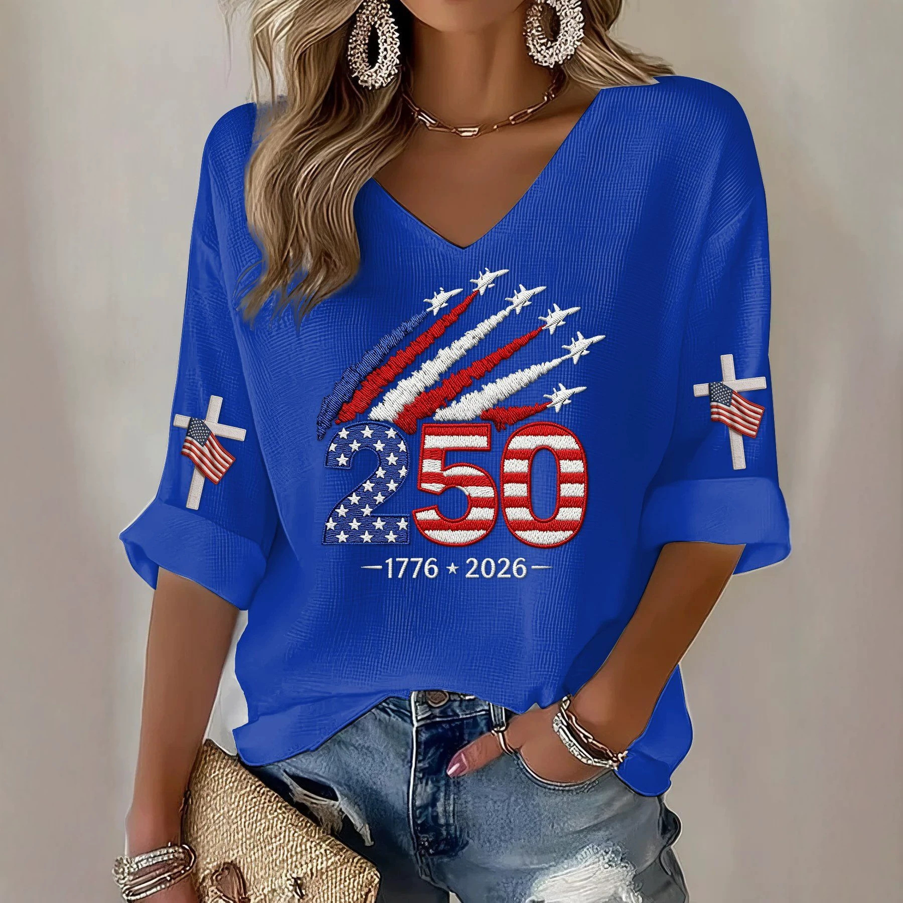 USA 250th Anniversary Print V-Neck Half-Sleeve Women's Top