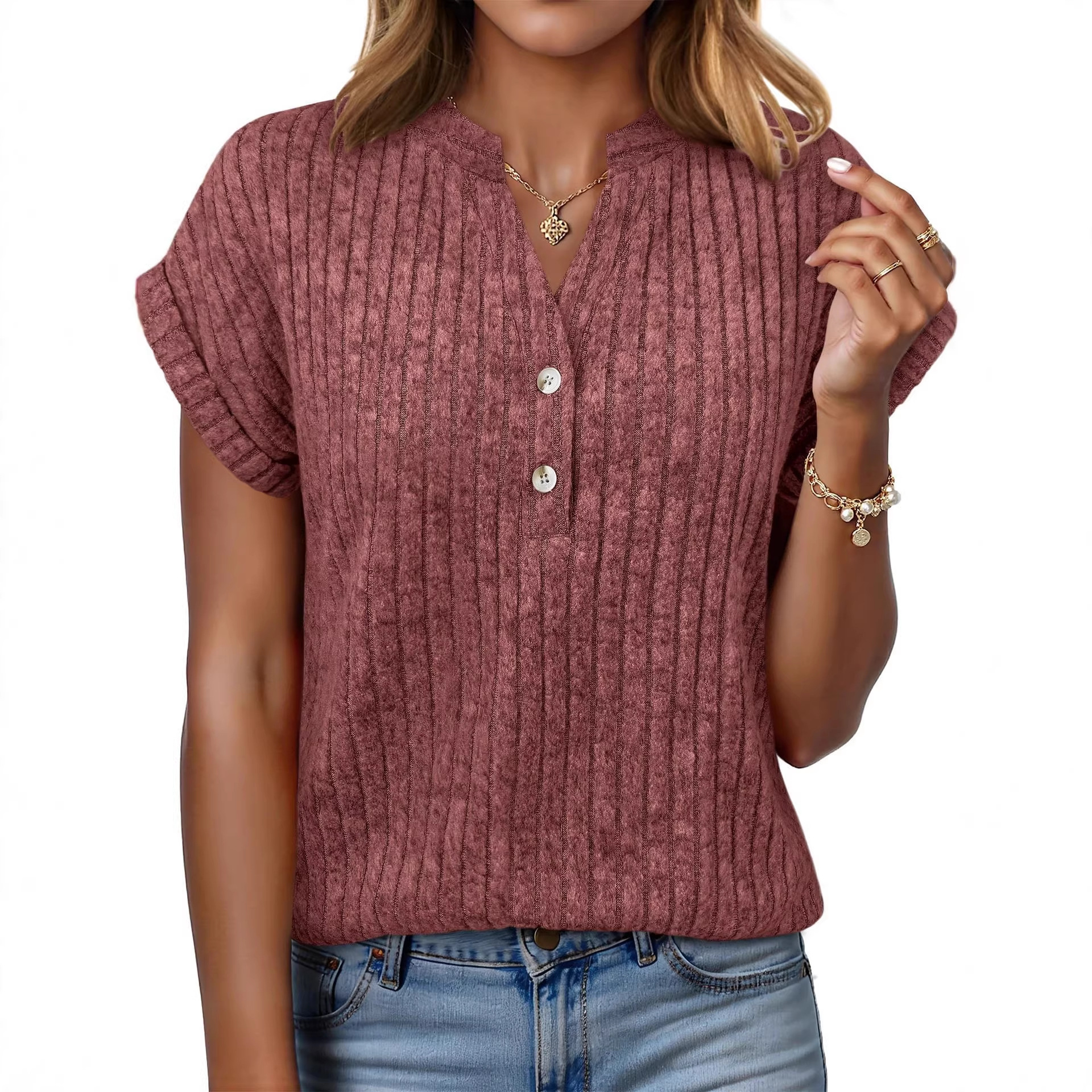 Brushed Ribbed V-Neck Batwing Short-Sleeve Top