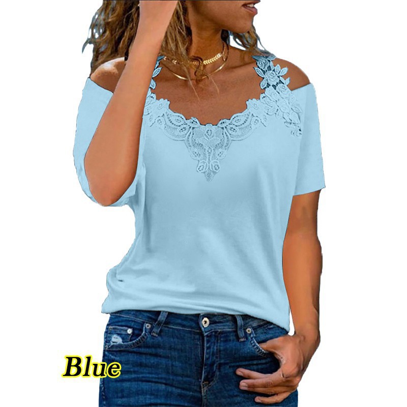 V-Neck Lace Panel Short Sleeve Loose Casual T-Shirt for Women