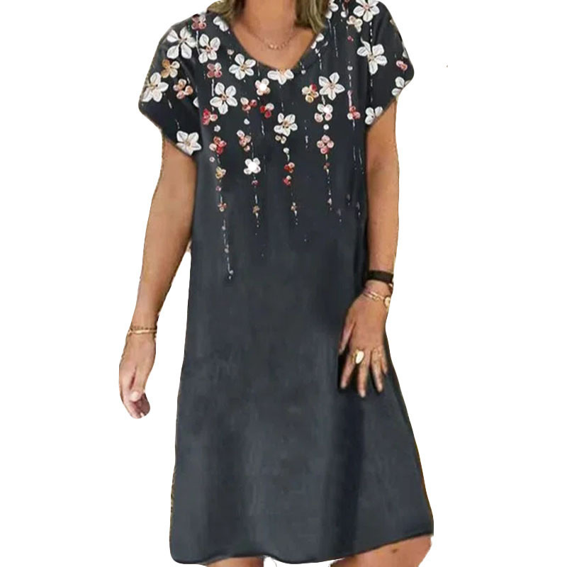 Women's Floral Print V-Neck Short Sleeve A-Line Dress