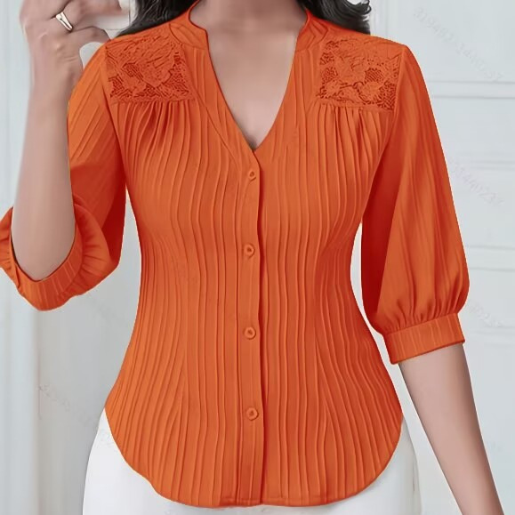 Lace-Trimmed V-Neck Mid-Sleeve Blouse with Pleated Button Front and Curved Hem