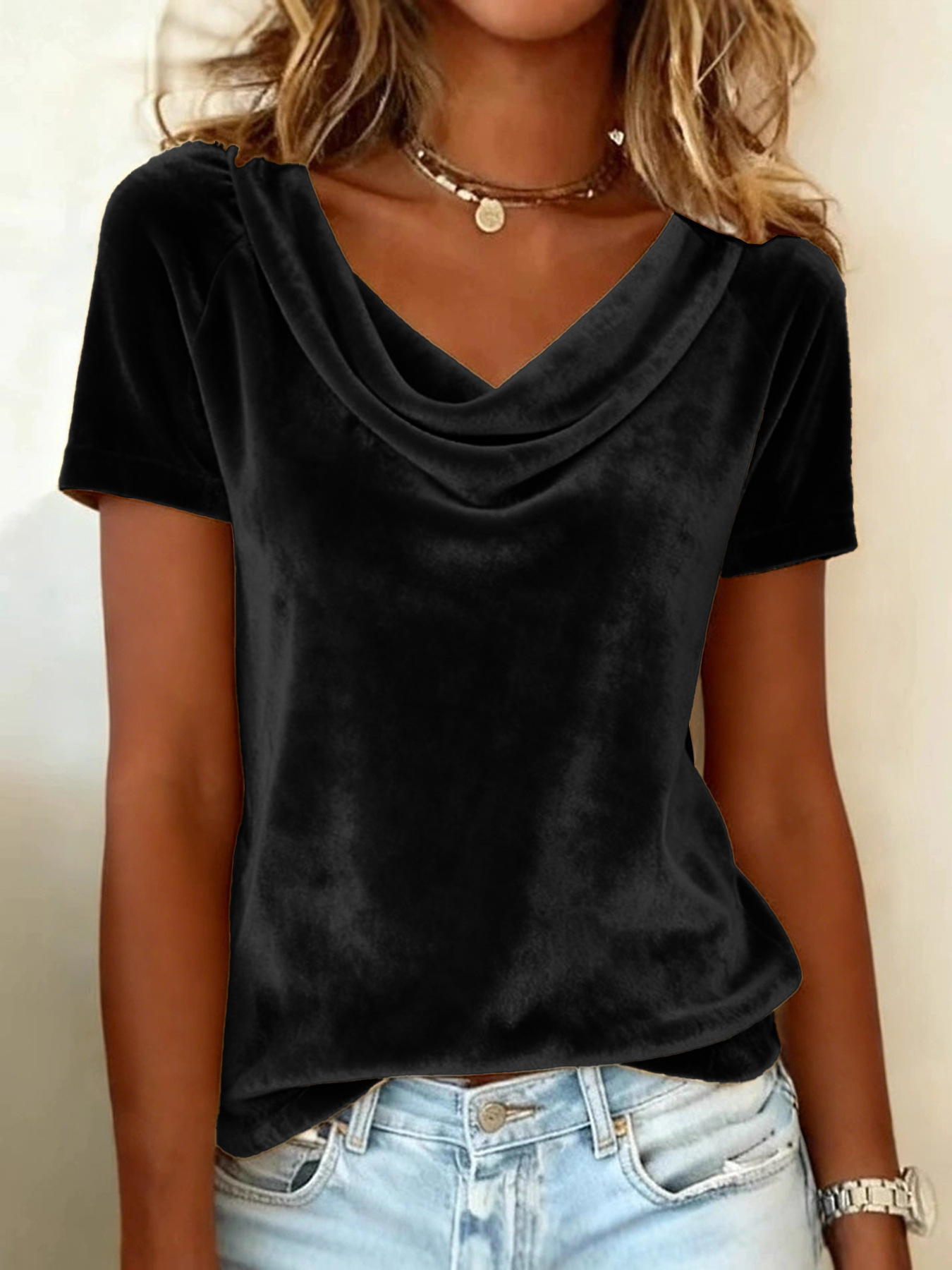 Solid Cowl Neck Short Sleeve Velvet T-Shirt