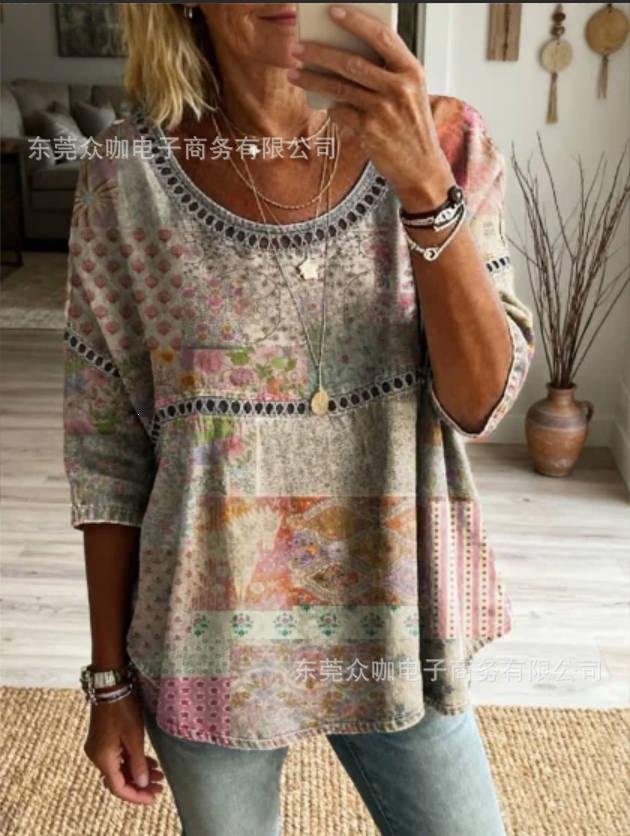 3D Floral Print Crewneck Half-Sleeve Ruched Top