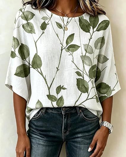 Floral Leaf Print Half-Sleeve Women's Top Retro Fashion Blouse