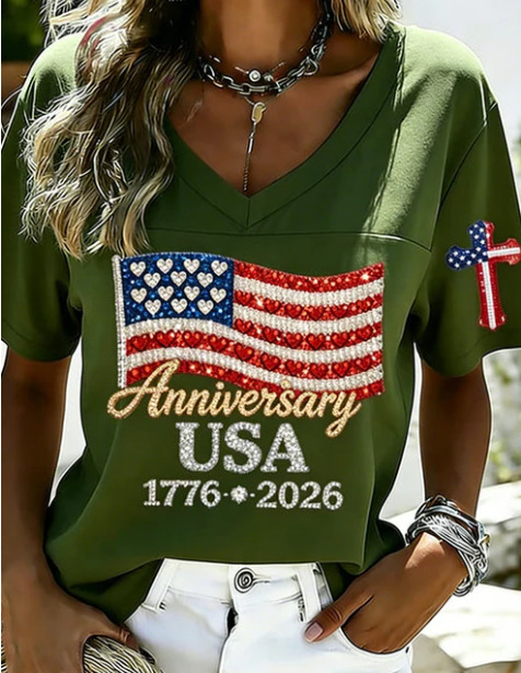 USA Flag 3D Print V-Neck Short Sleeve Women's T-Shirt
