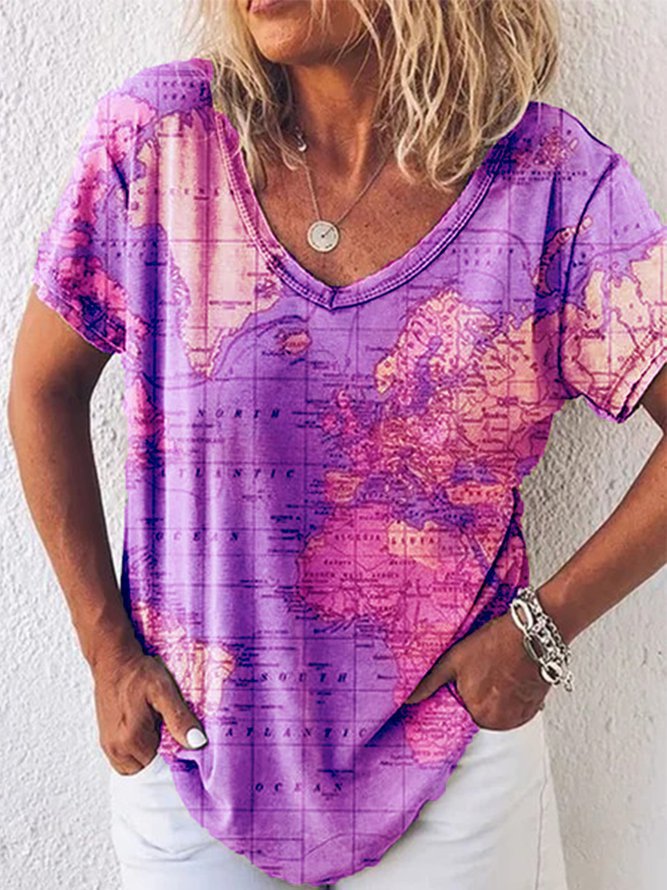 Map Print V-Neck Short Sleeve Women's T-Shirt