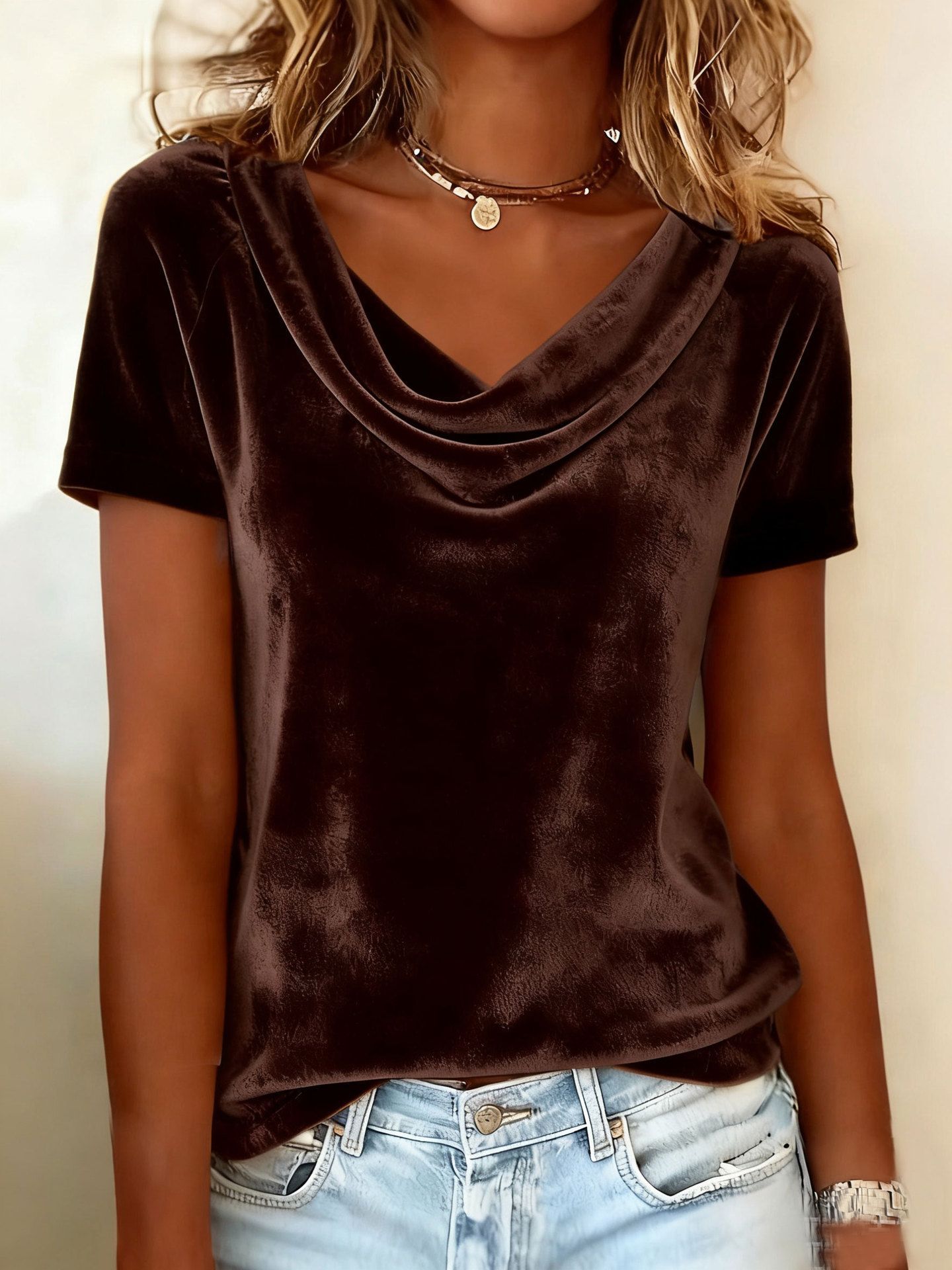 Solid Cowl Neck Short Sleeve Velvet T-Shirt