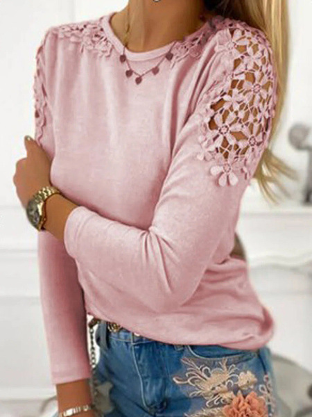 Solid Color Lace Cutout Long-Sleeve T-Shirt