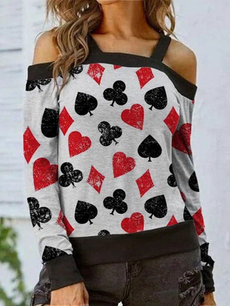Women's Off-Shoulder Printed Long-Sleeve T-Shirt Casual Sexy Top
