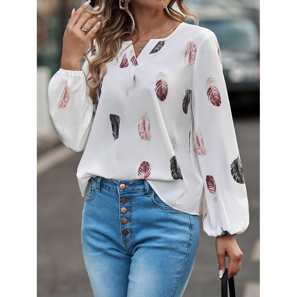Women's V-Neck Feather Print Long Sleeve Loose T-Shirt Top