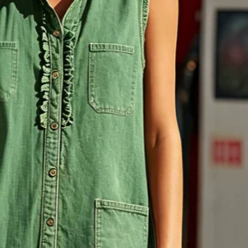 Western Ruffled Green Sleeveless Denim Mini Dress
