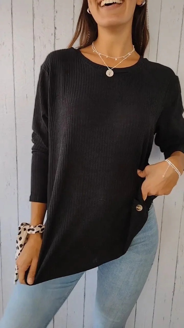 Ribbed Knit Button-Detail Crewneck Long-Sleeve Top
