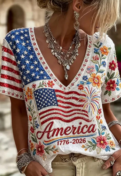 Floral Print V-Neck Short Sleeve Women's T-Shirt