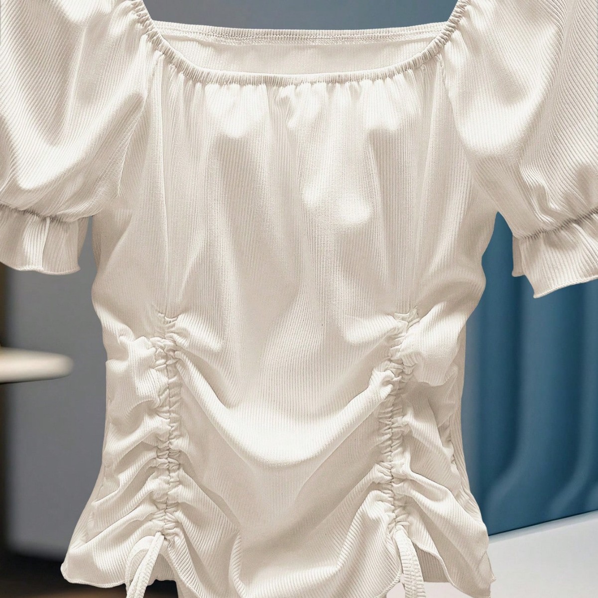 Square Neck Puff Sleeve Drawstring Blouse