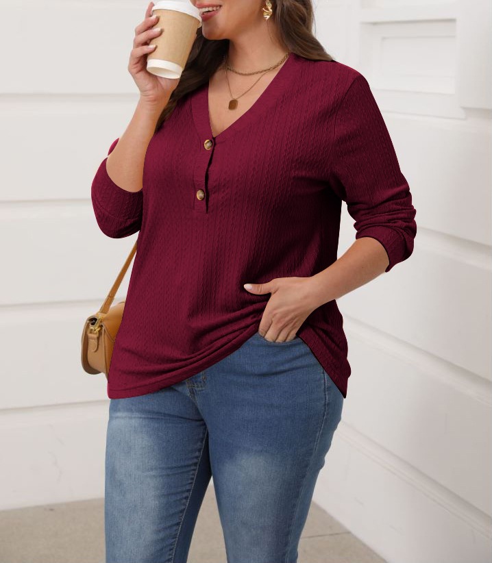 Women's Button V-Neck Long Sleeve Solid Color Casual T-Shirt Top