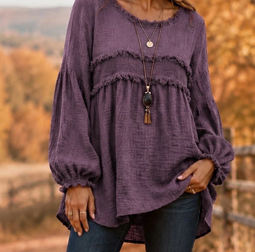 Women's Casual Patchwork Tassel Lace Trim Long Sleeve Top