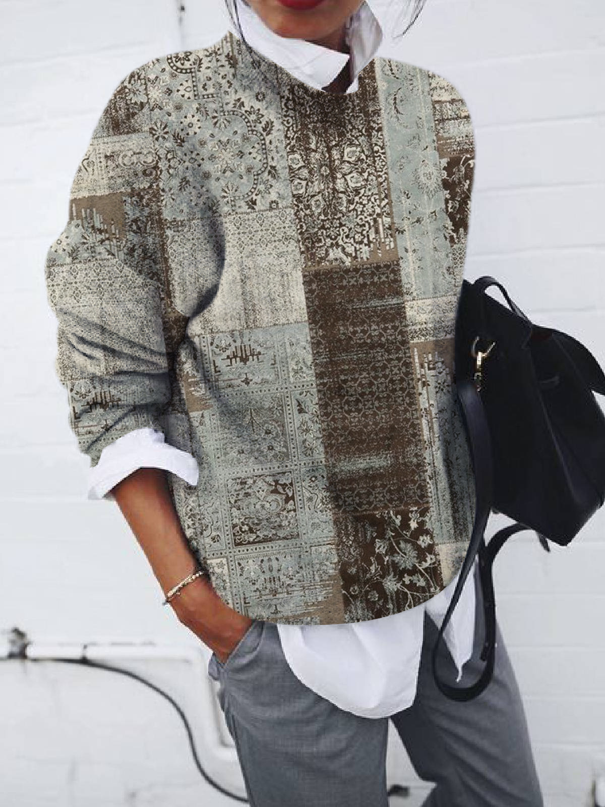 Women's Vintage Floral Print Loose Long Sleeve Top