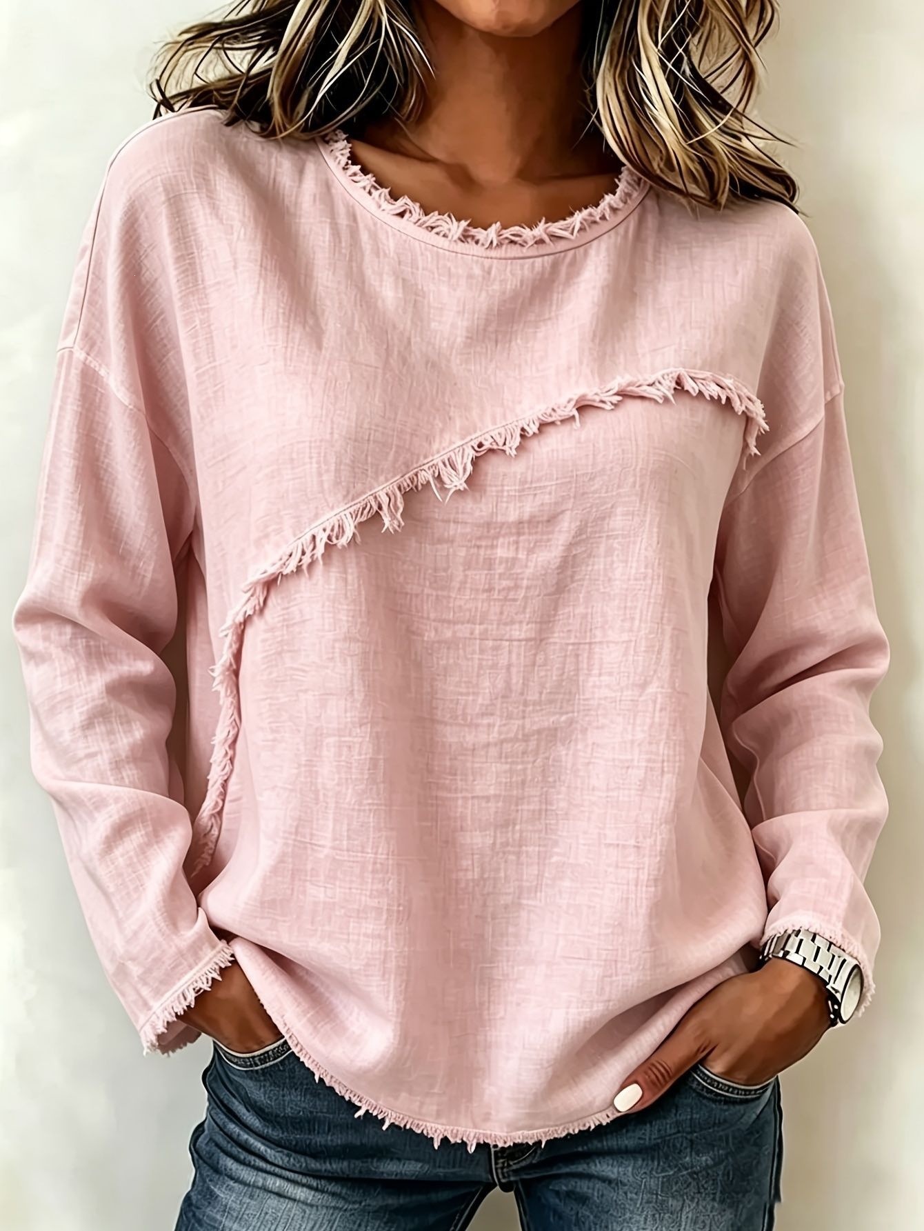 Women's Round Neck Faux Fur Trim Long Sleeve T-Shirt Solid Color Top